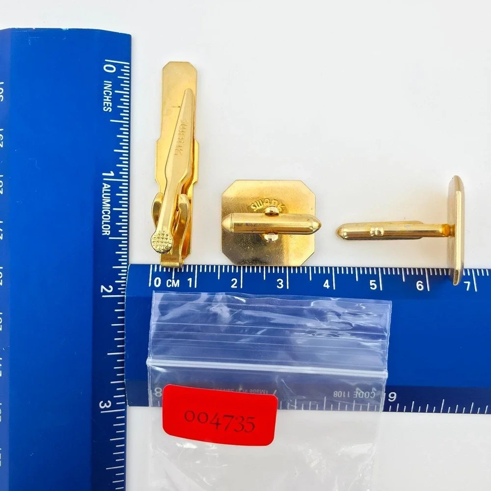 Vtg SWANK Tie Clip & Cufflink Set 'S' Monogram Initial Engraved Silver Gold Tone